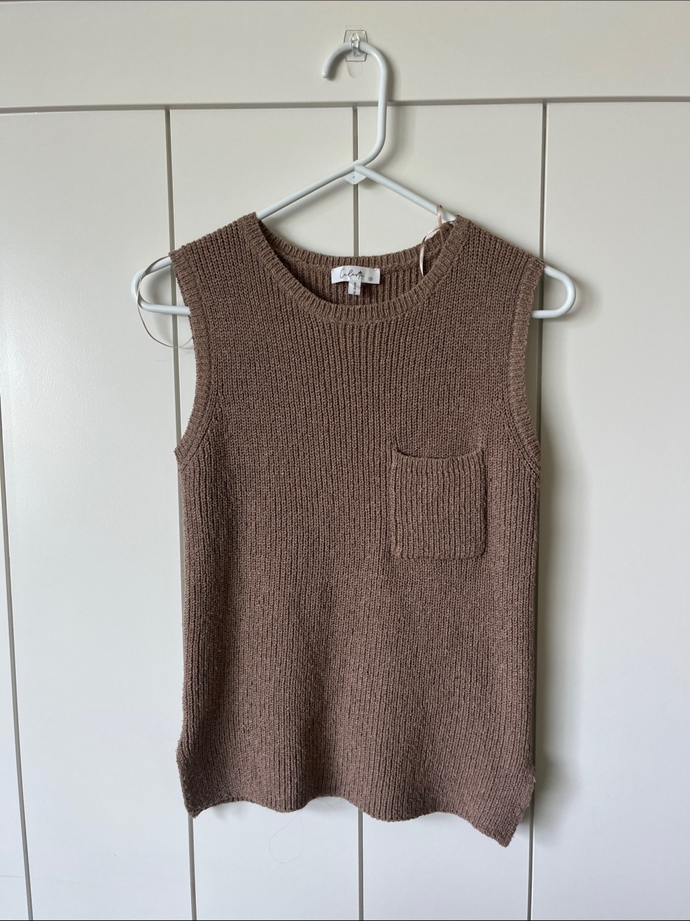 Sleeveless Crewneck Pocket Sweater Tank in Brown